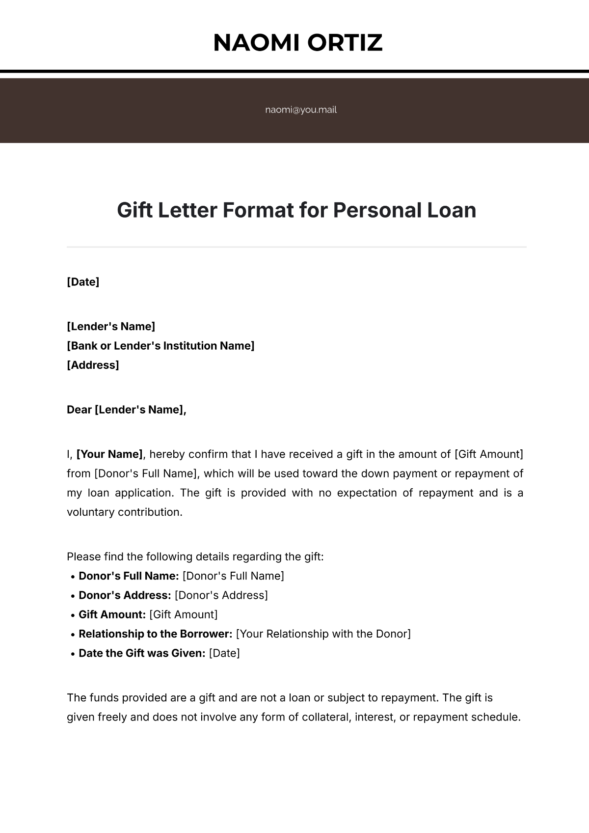 Gift Letter Format for Personal Loan Template - Edit Online & Download