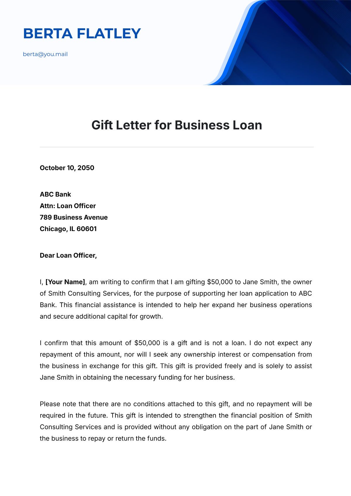 Gift Letter for Business Loan Template - Edit Online & Download