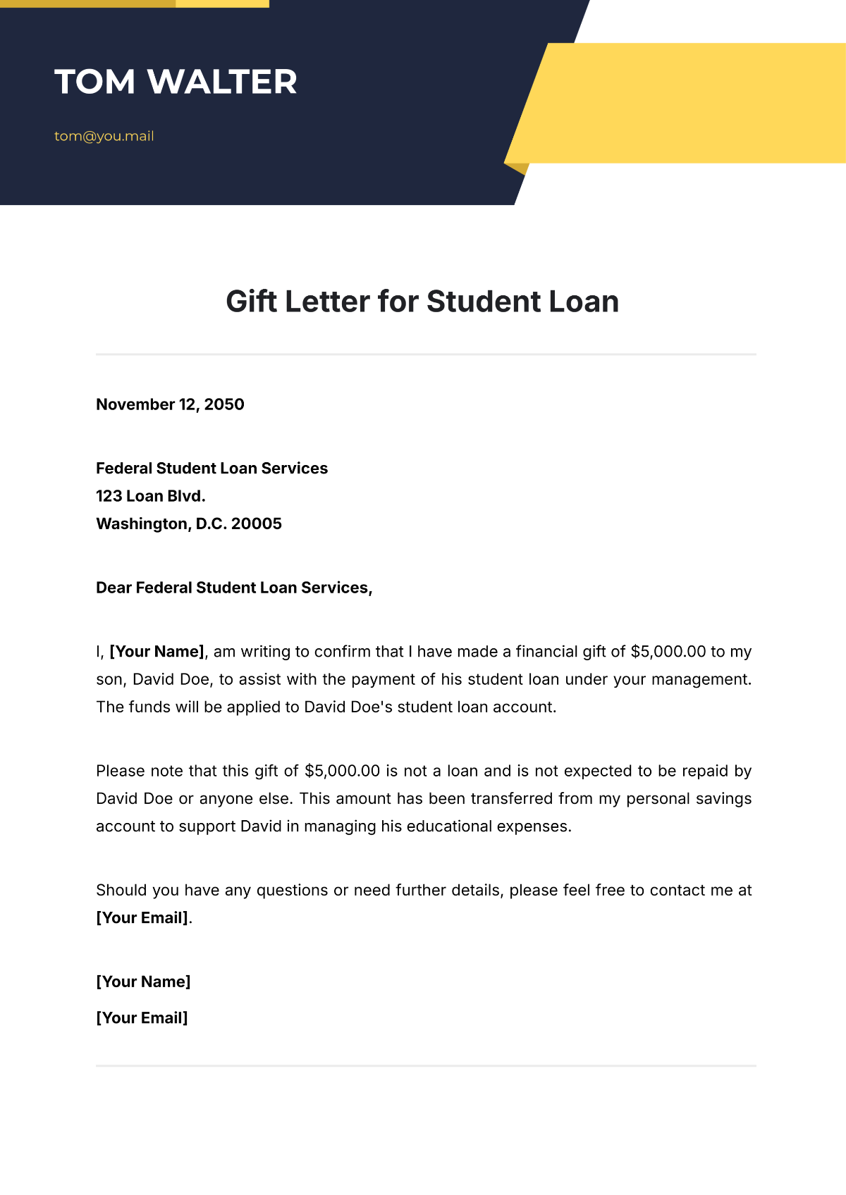 Gift Letter for Student Loan Template - Edit Online & Download