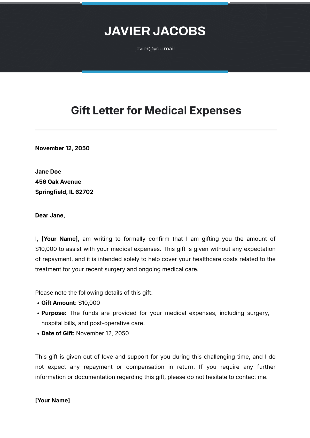 Gift Letter for Medical Expenses Template - Edit Online & Download