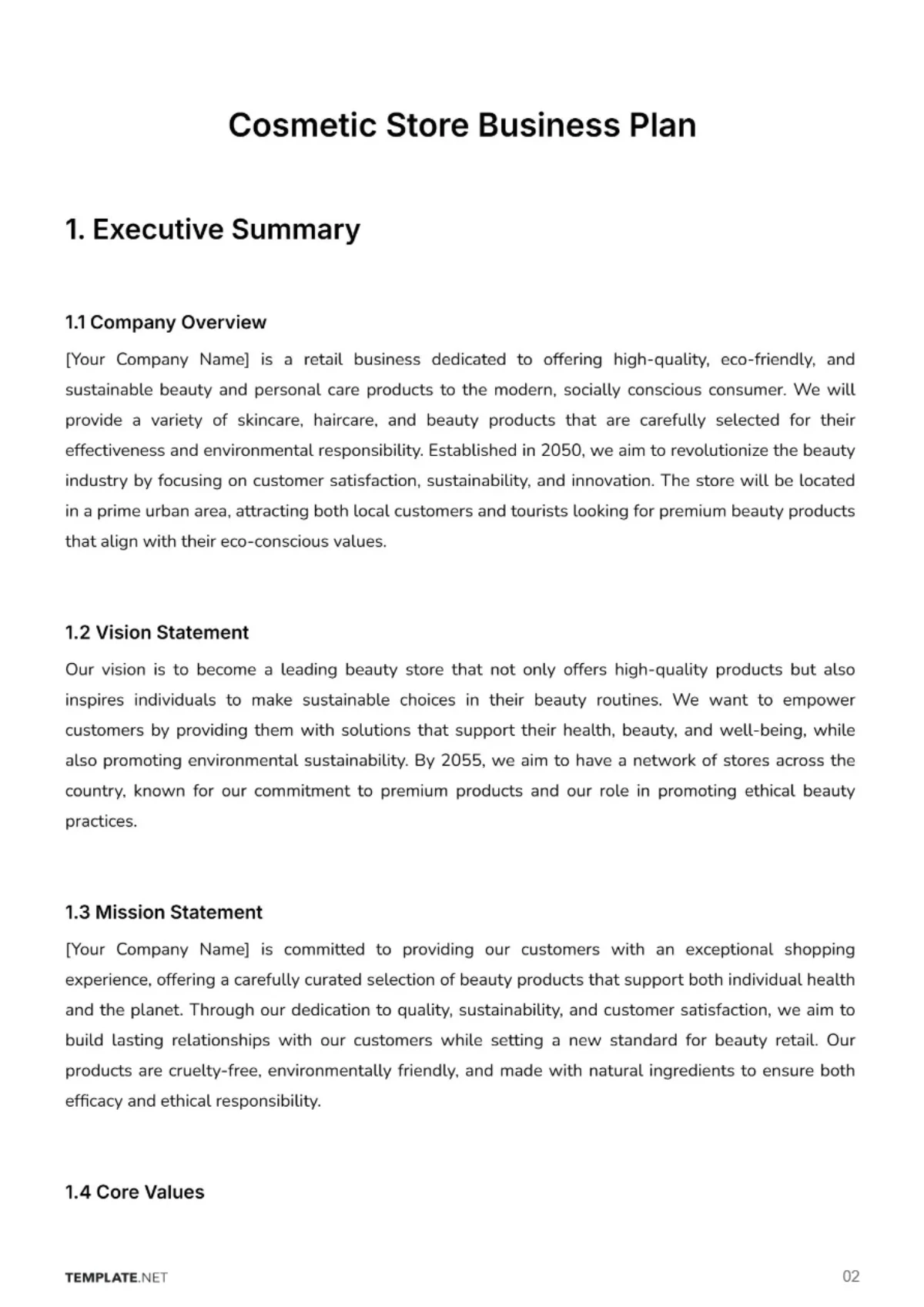Free Cosmetic Store Business Plan Template to Edit Online