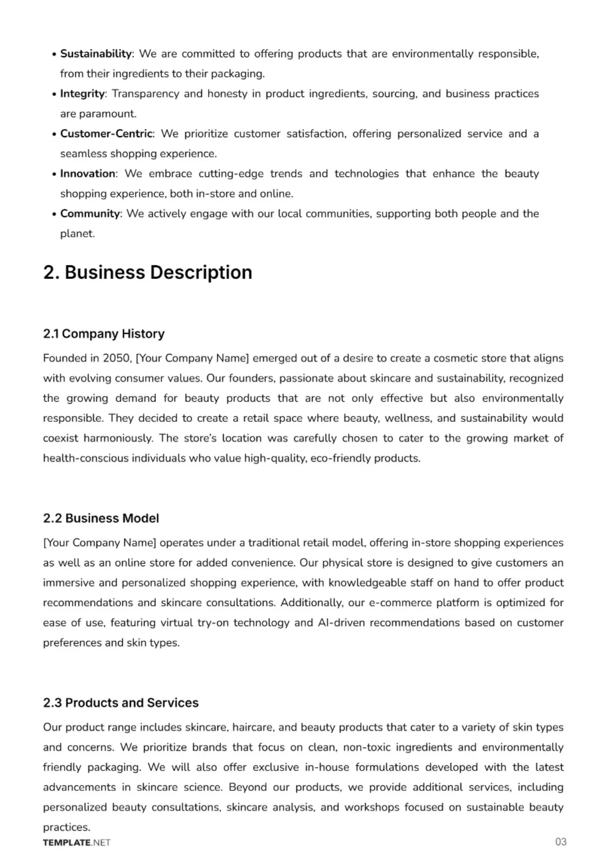 Free Cosmetic Store Business Plan Template to Edit Online