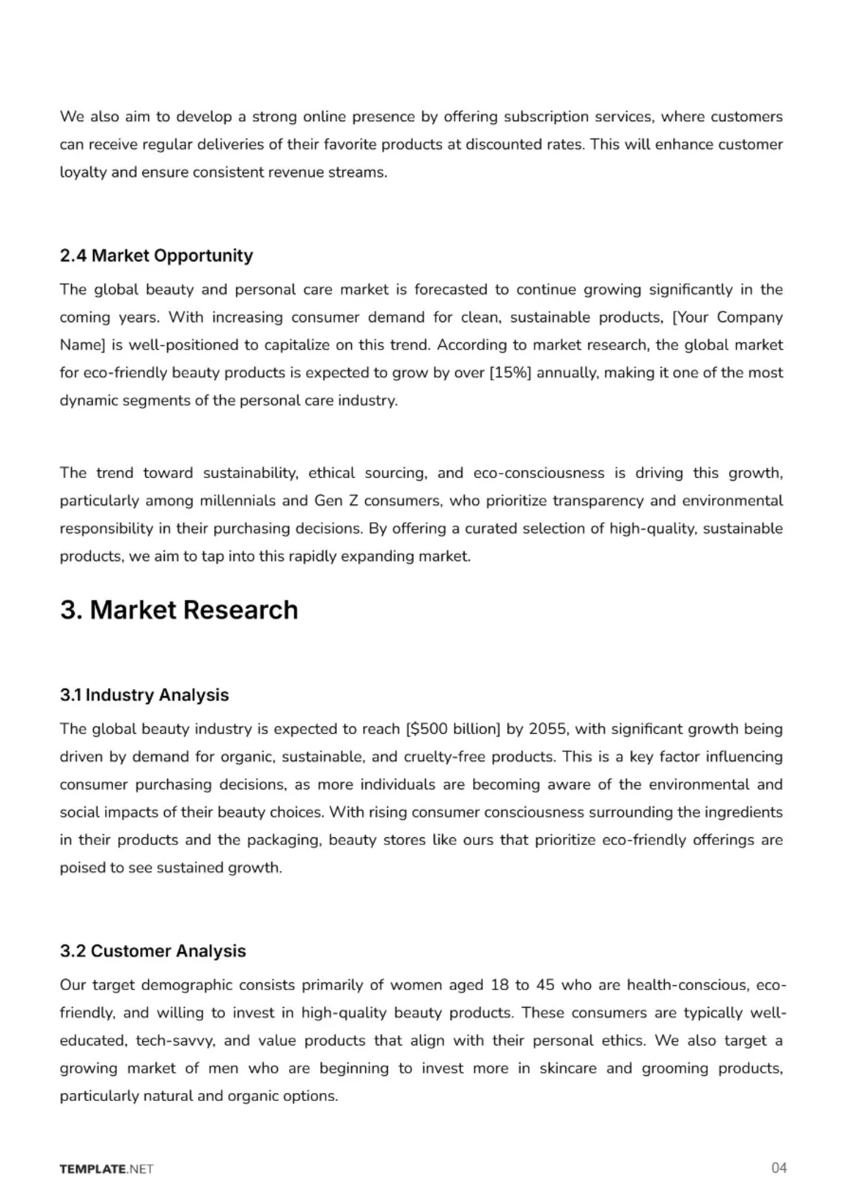 Free Cosmetic Store Business Plan Template to Edit Online