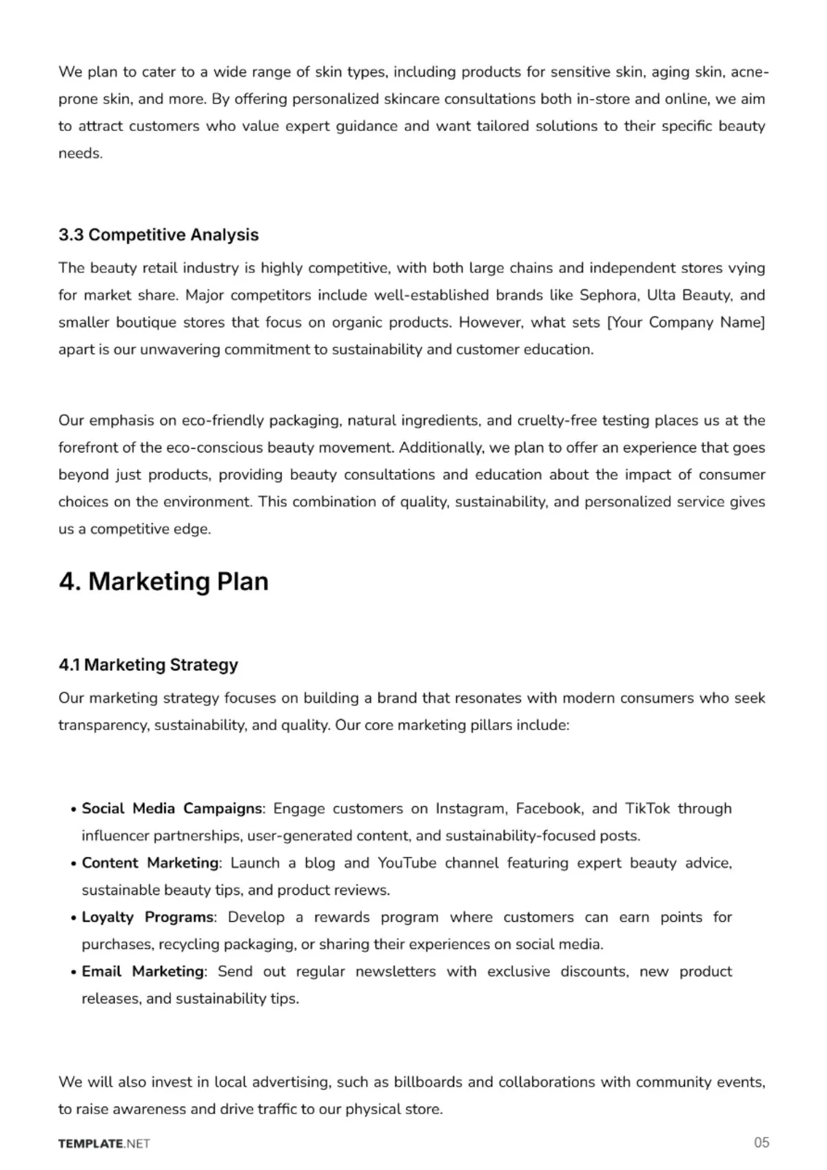 Free Cosmetic Store Business Plan Template to Edit Online
