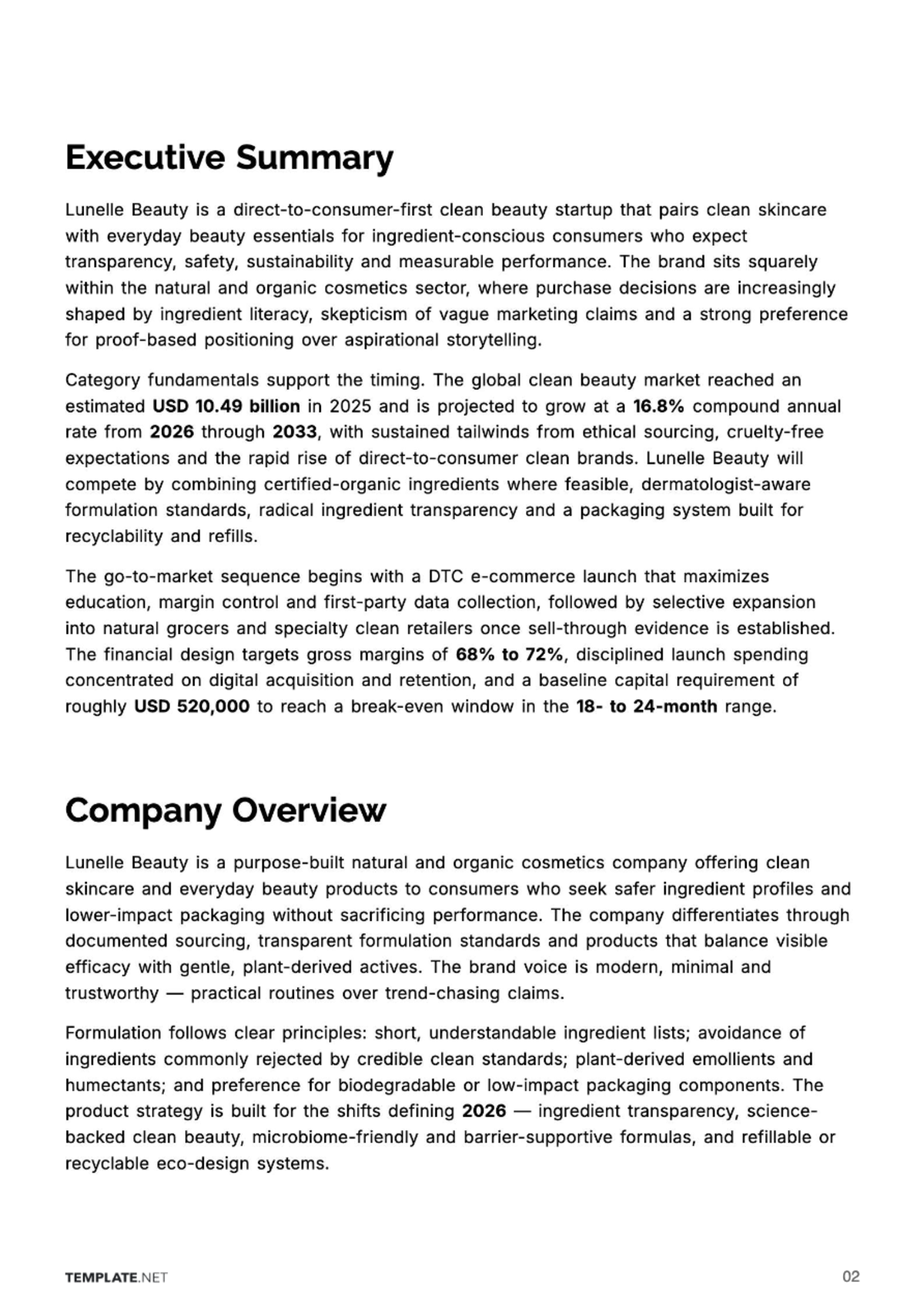 Free Cosmetic Store Business Plan Template to Edit Online