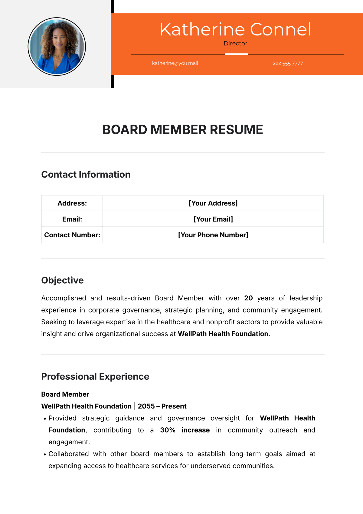 Board Member Resume Template - Edit Online & Download