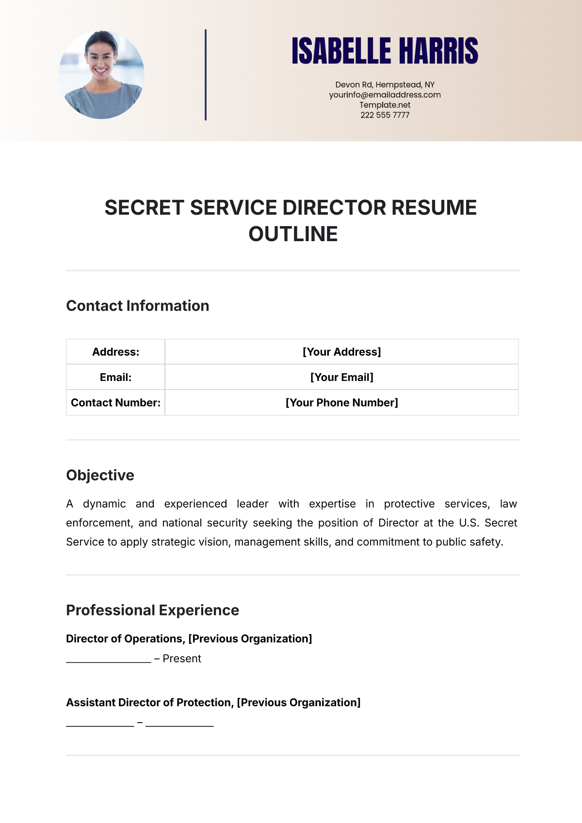 Secret Service Director Resume Outline Template - Edit Online & Download