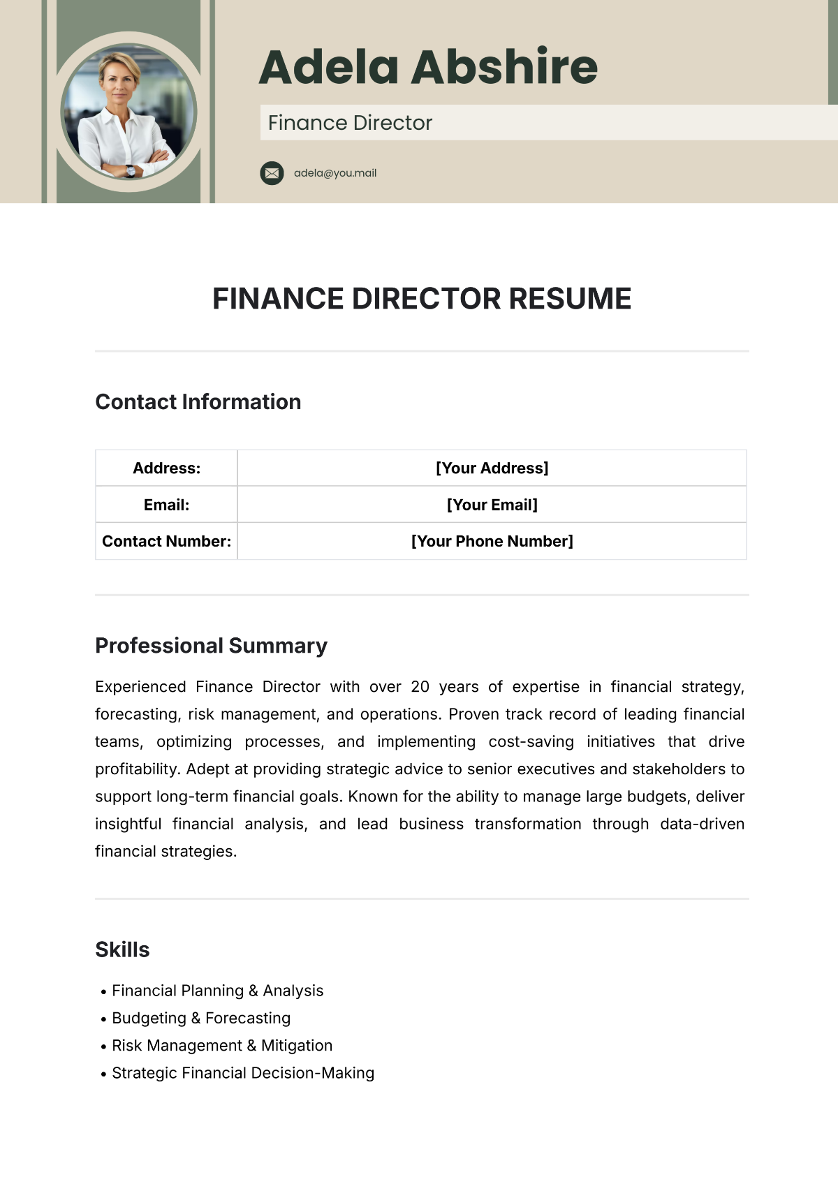 Finance Director Resume Template - Edit Online & Download