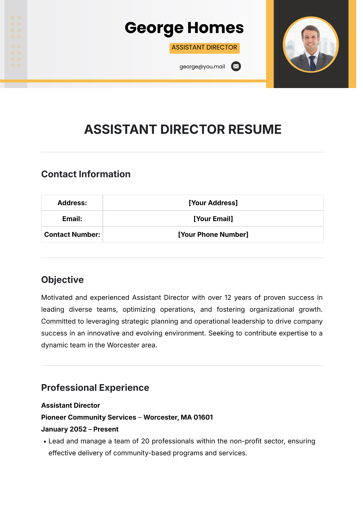 Assistant Director Resume Template - Edit Online & Download