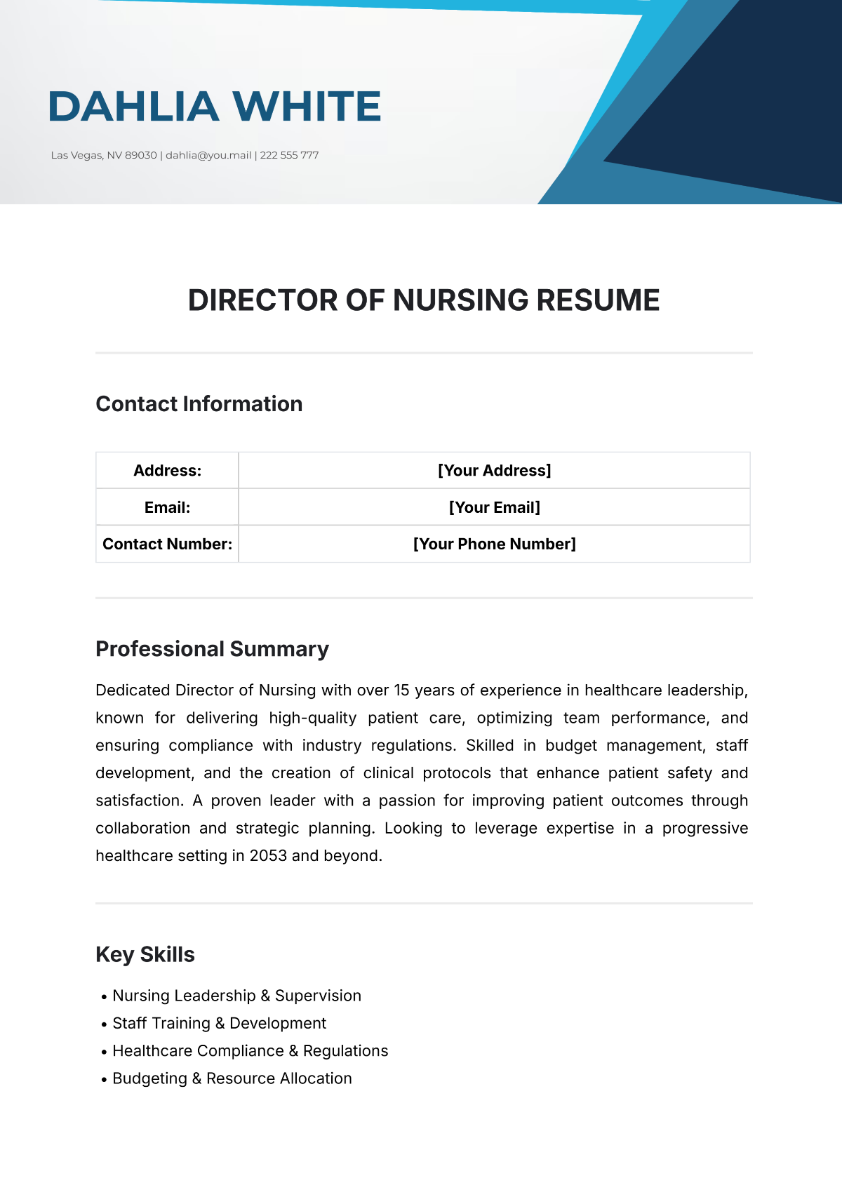 Director of Nursing Resume Template - Edit Online & Download