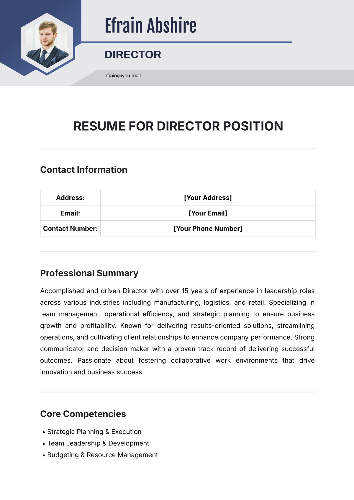 Resume Template for Director Position Template