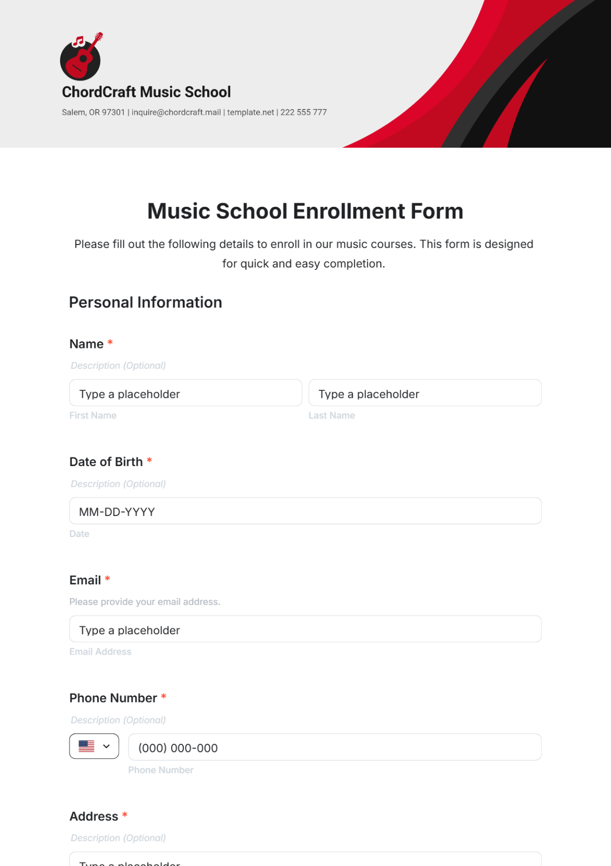 Music School Enrollment Form Template - Edit Online & Download