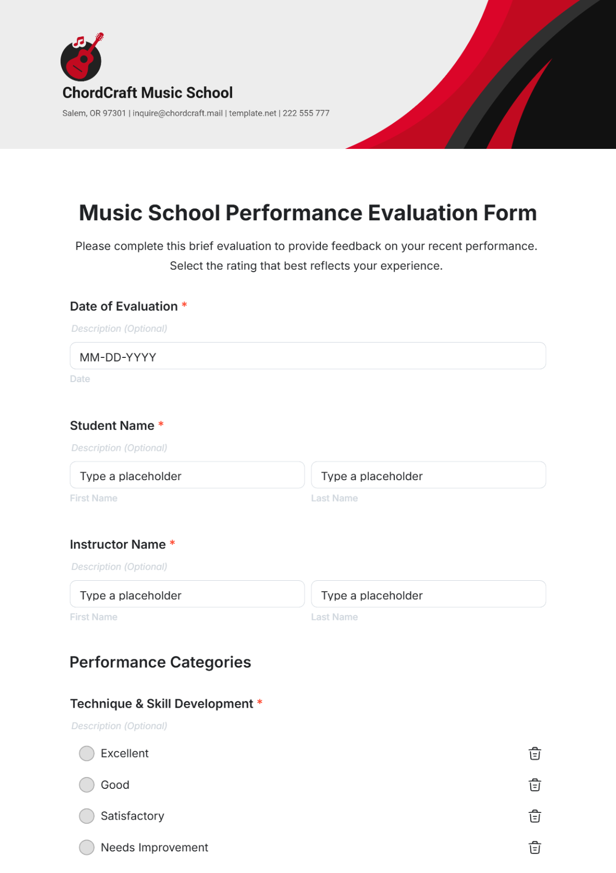 Music School Performance Evaluation Form Template