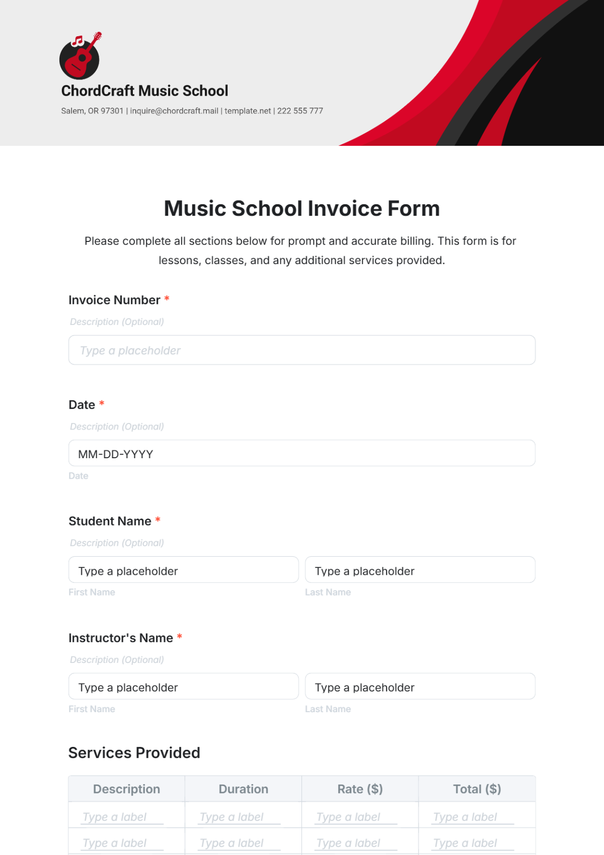 Music School Invoice Form Template