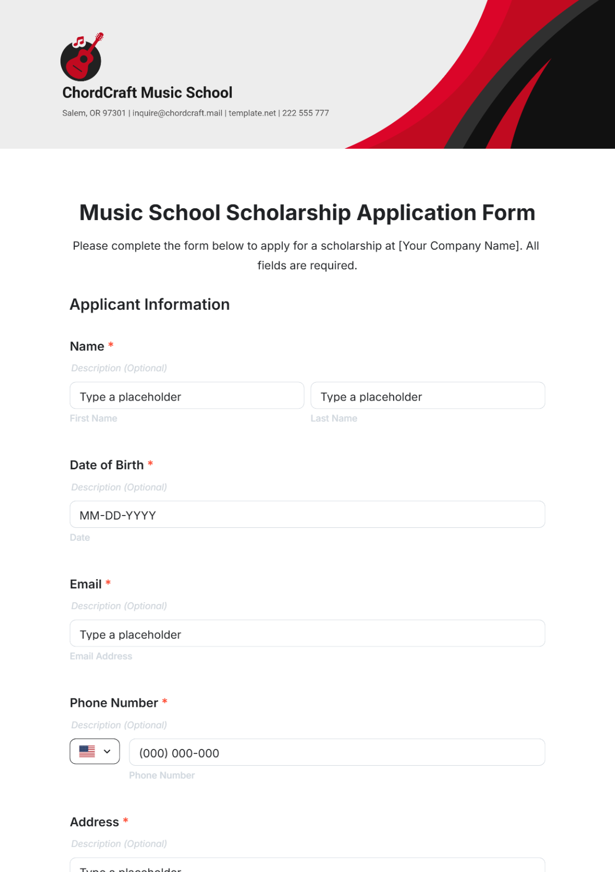 Music School Scholarship Application Form Template - Edit Online & Download