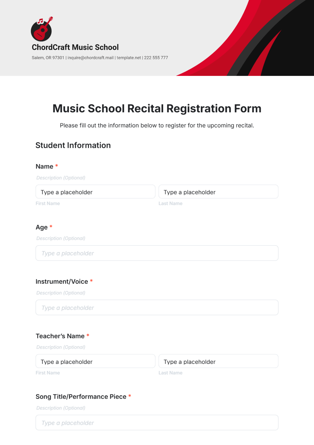 Music School Recital Registration Form Template - Edit Online & Download