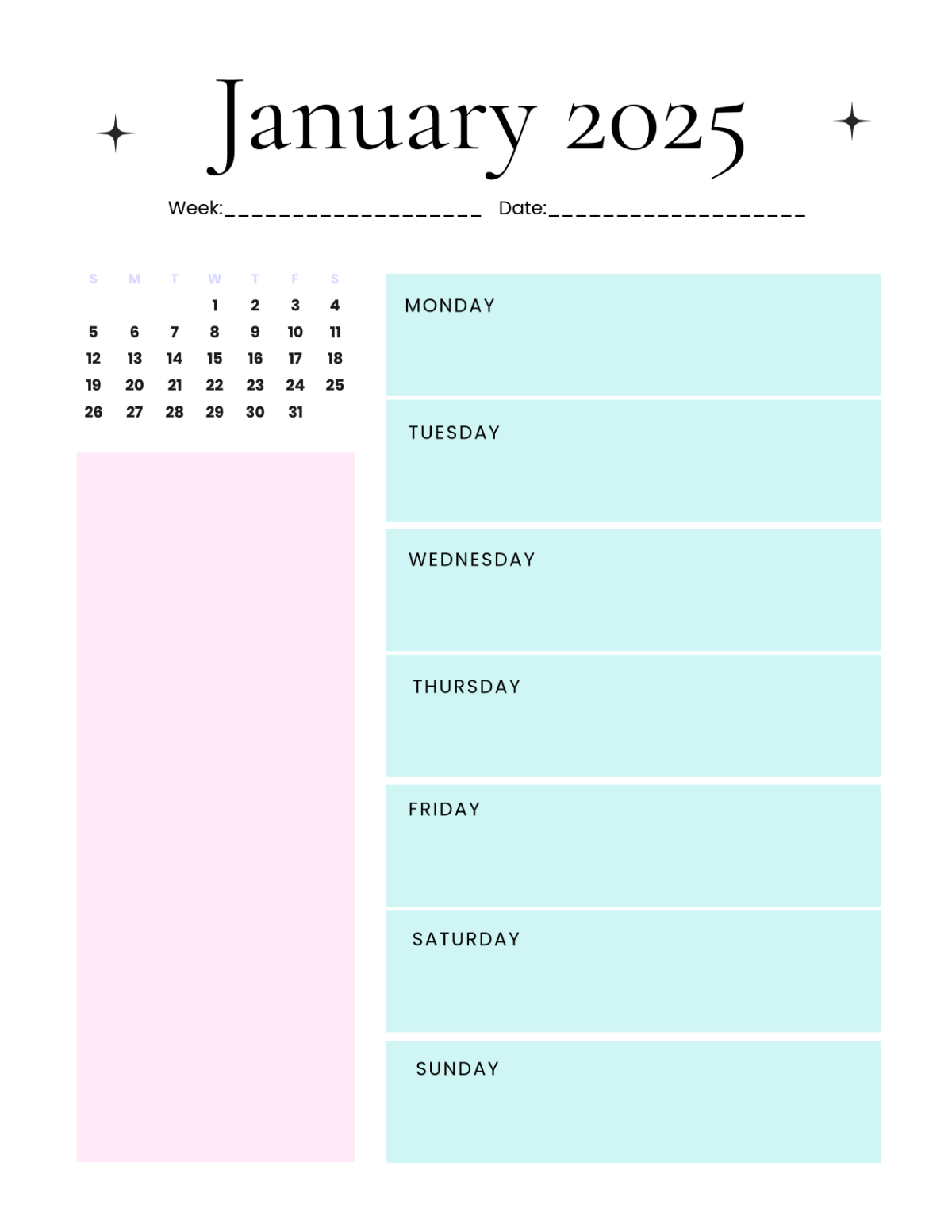 January 2025 Weekly Planner