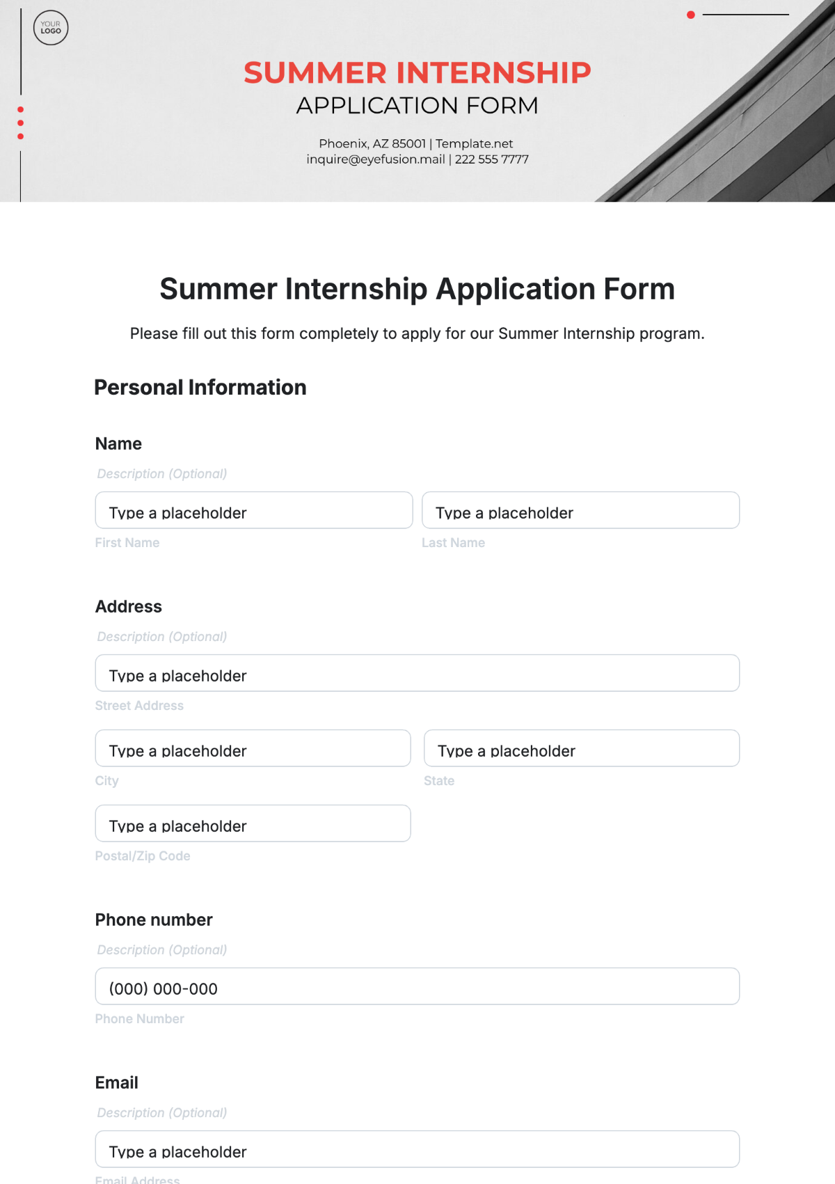 Summer Internship Application Form Template - Edit Online & Download