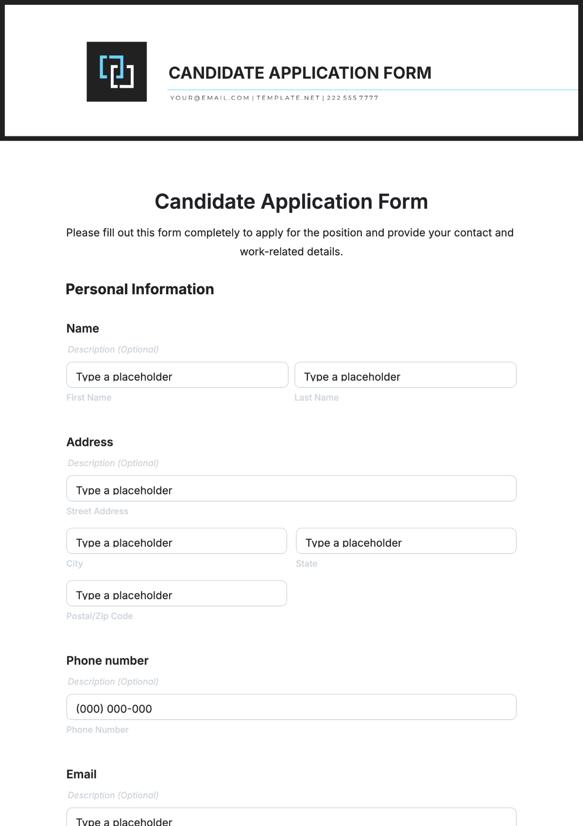 Candidate Application Form Template - Edit Online & Download