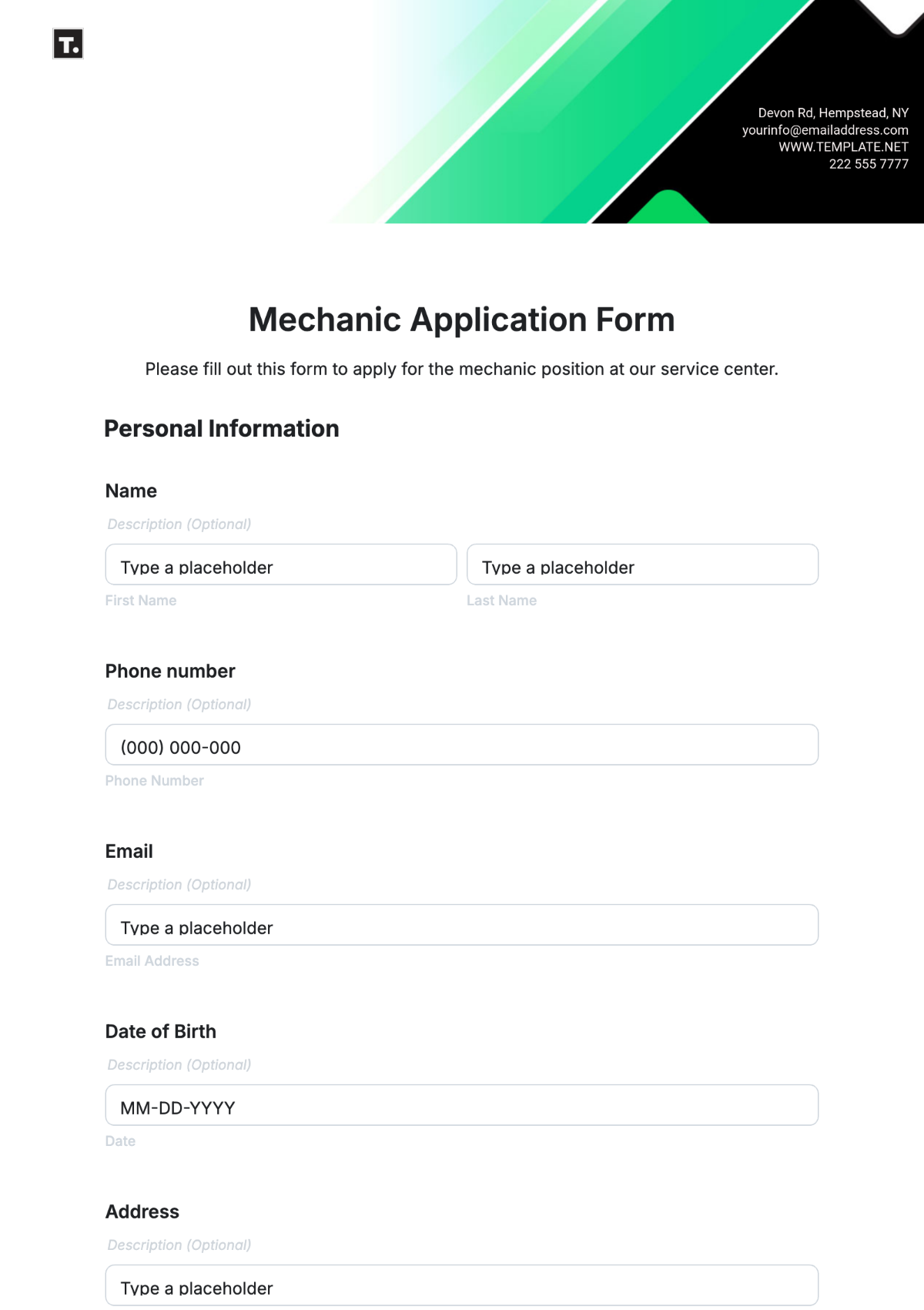 Mechanic Application Form Template - Edit Online & Download