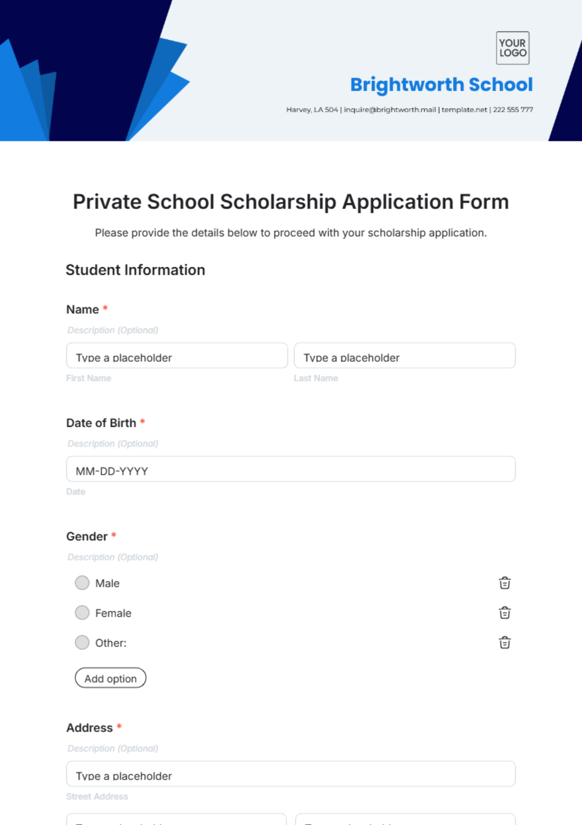 Private School Scholarship Application Form Template - Edit Online & Download