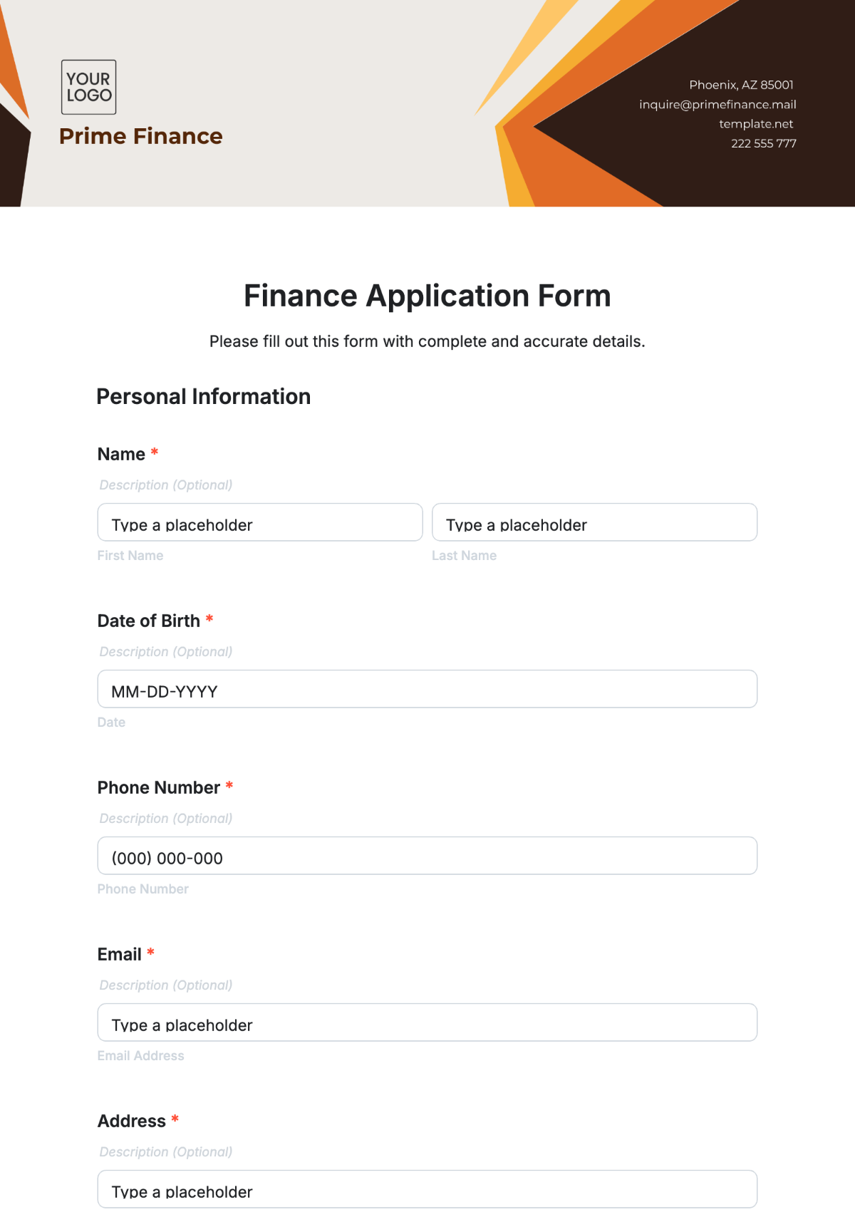 Finance Application Form Template - Edit Online & Download