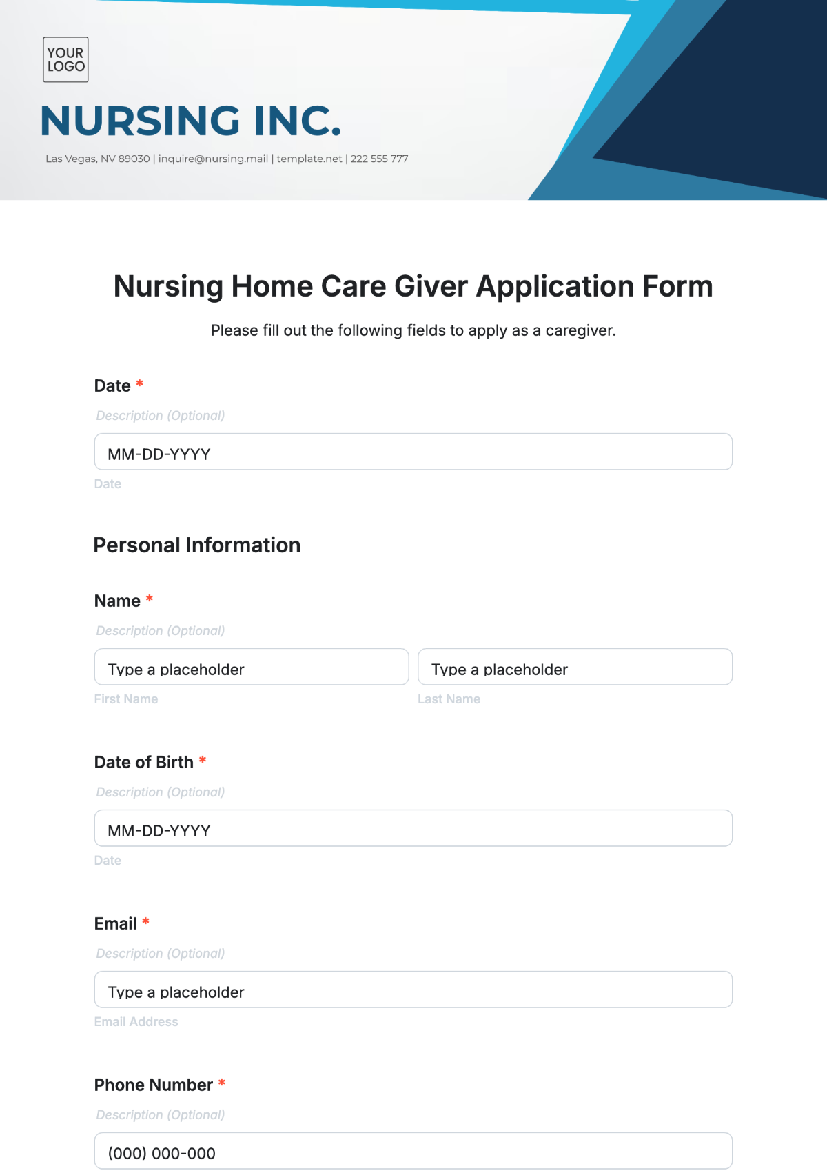 Nursing Home Care Giver Application Form Template - Edit Online & Download