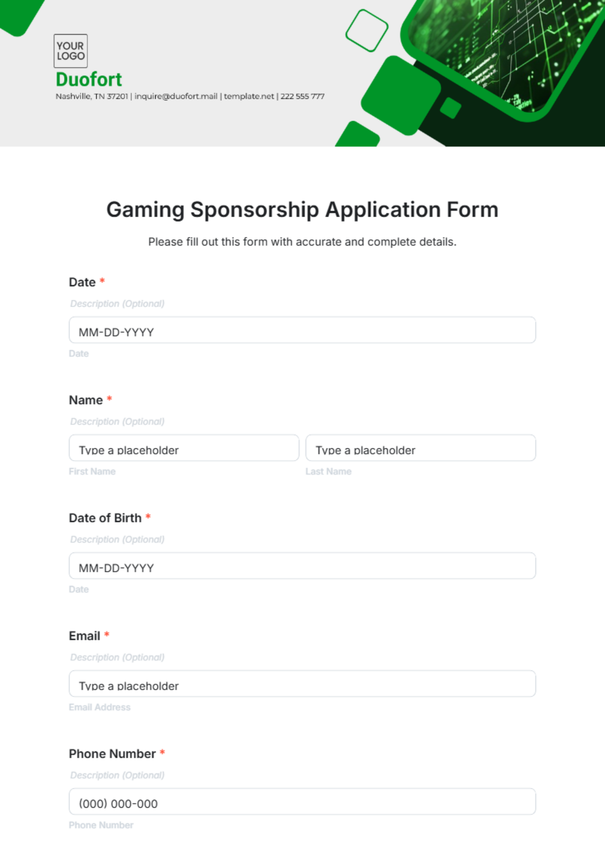 Gaming Sponsorship Application Form Template - Edit Online & Download