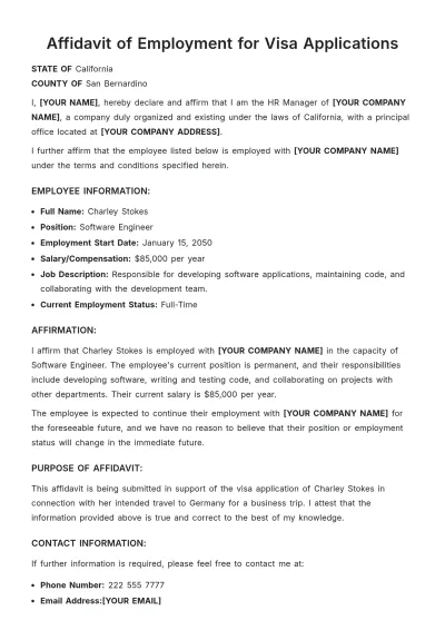 Free Affidavit of Employment for Visa Applications Template to Edit Online