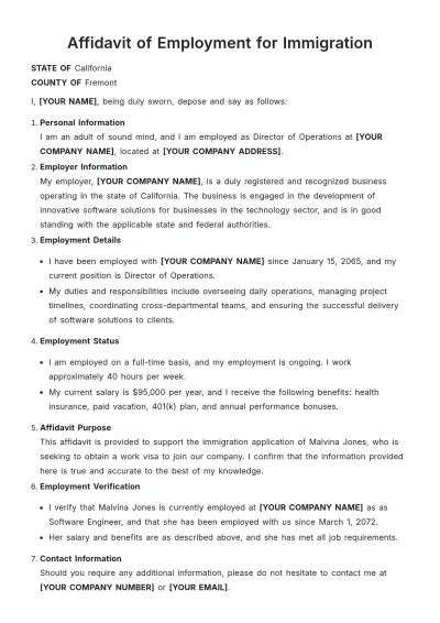Free Affidavit of Employment for Immigration Template to Edit Online