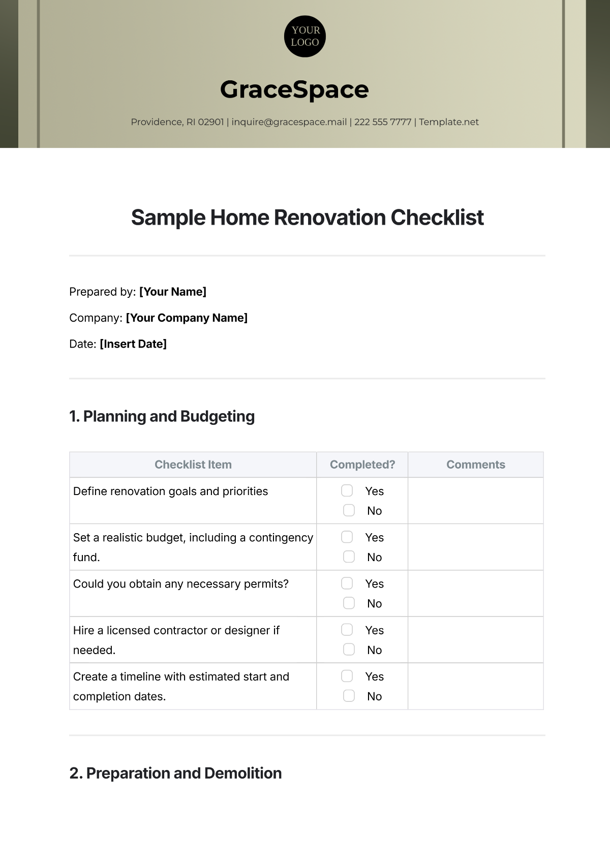 Sample Home Renovation Checklist Template - Edit Online & Download