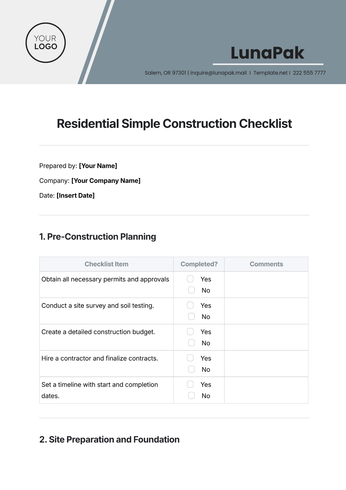 Residential Simple Construction Checklist Template - Edit Online & Download