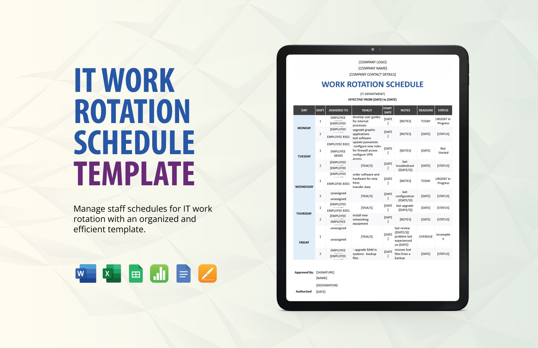 IT Work Rotation Schedule Template in Word, Google Docs, Excel, Google Sheets, Apple Pages, Apple Numbers