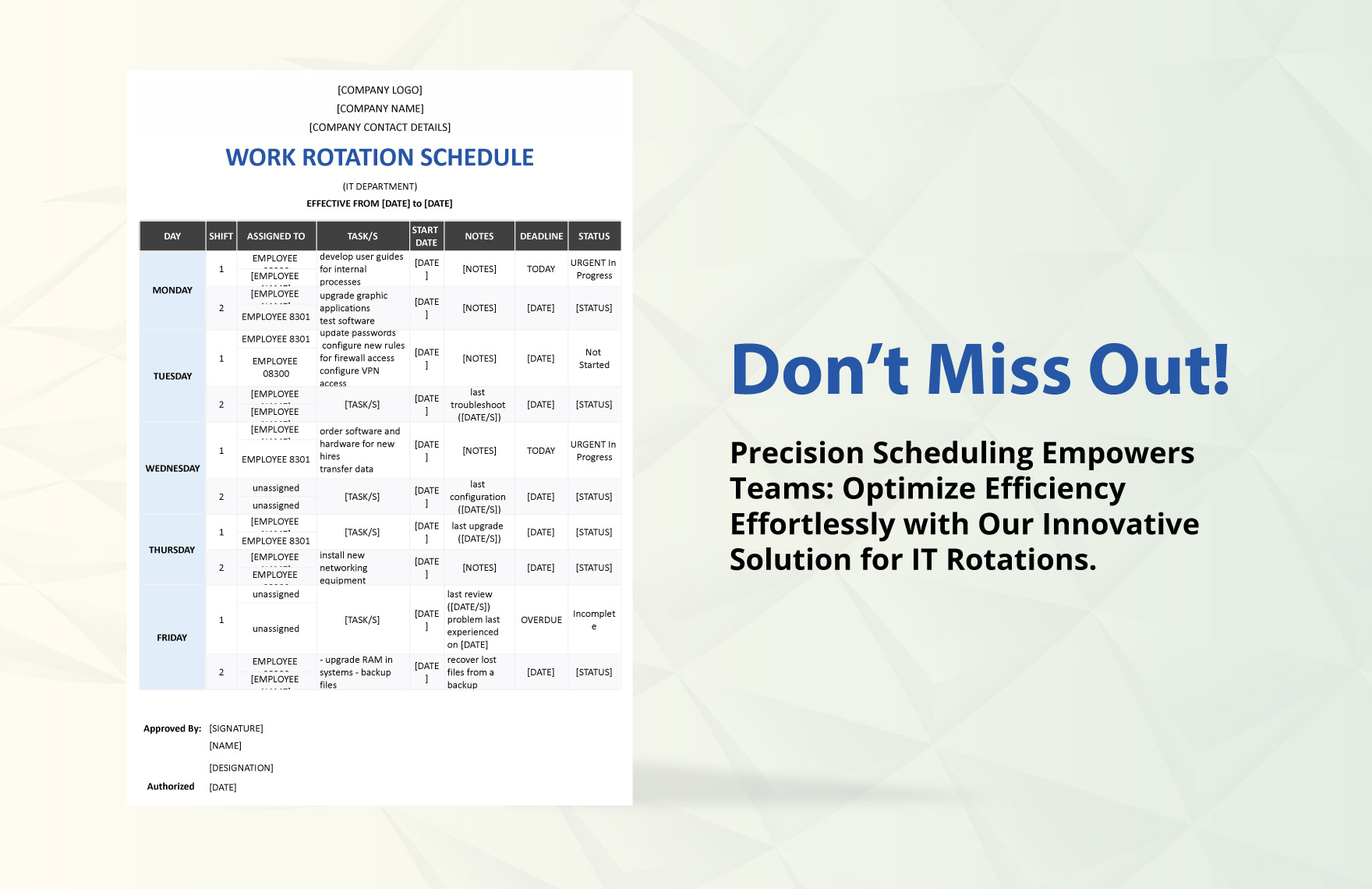 IT Work Rotation Schedule Template