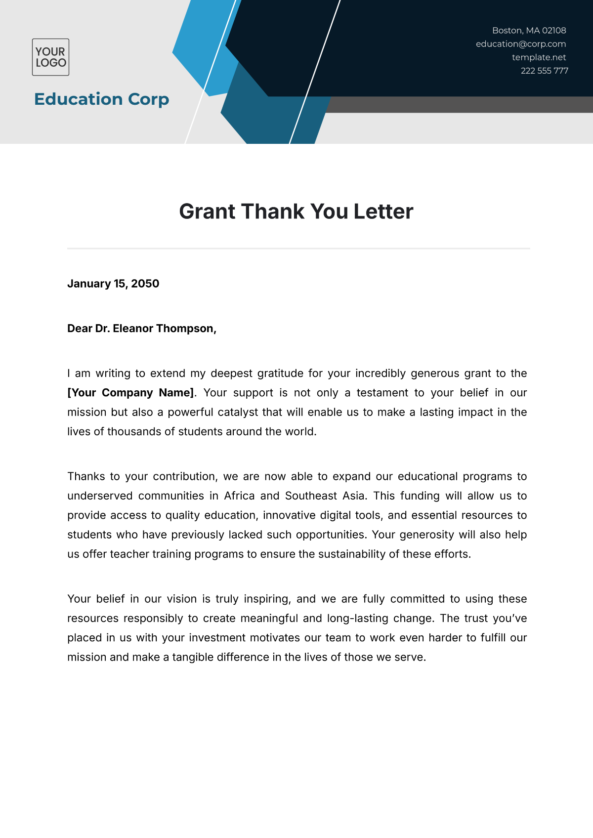 Grant Thank You Letter Template - Edit Online & Download