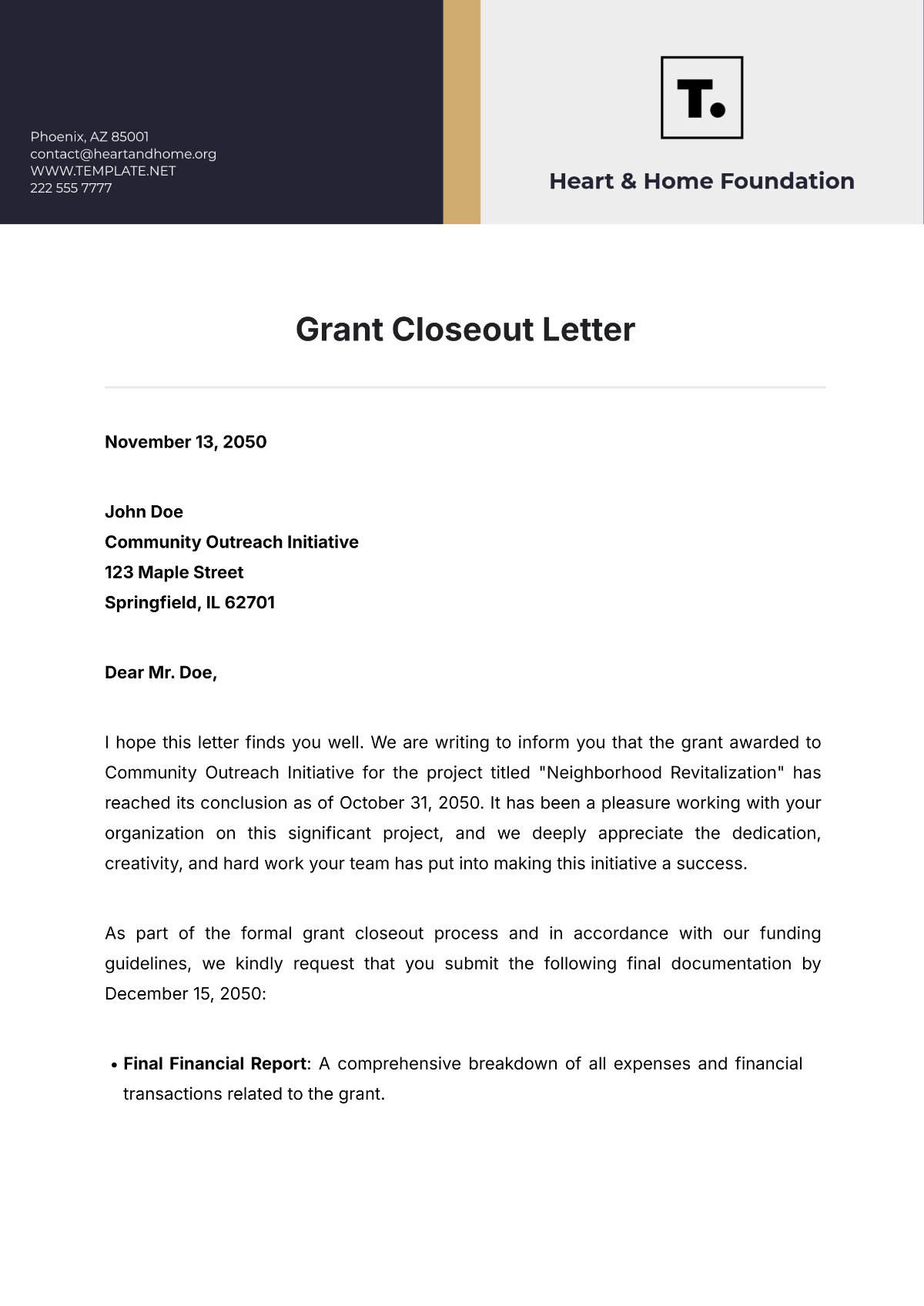 Grant Closeout Letter Template - Edit Online & Download