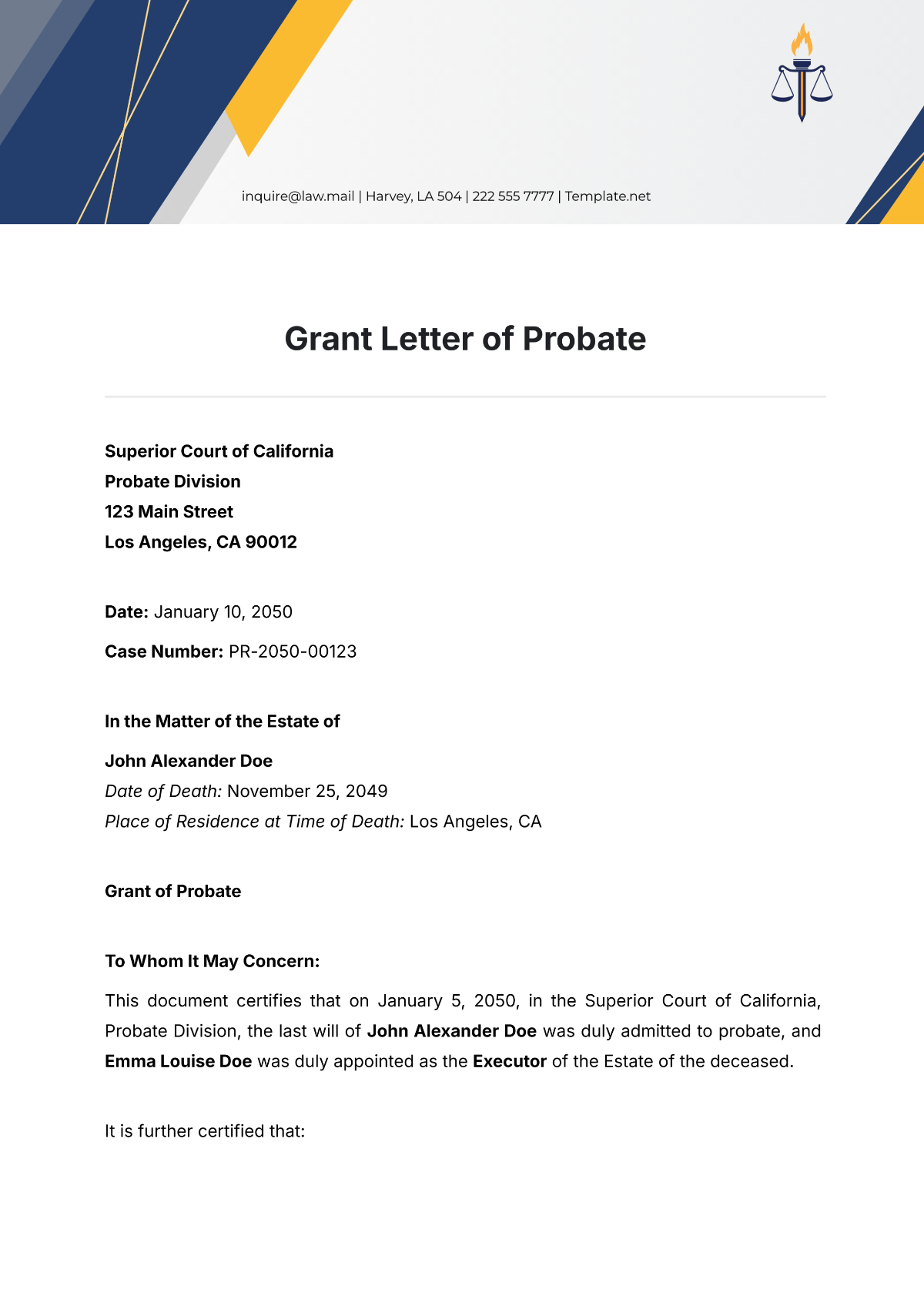 Grant Letter of Probate Template - Edit Online & Download