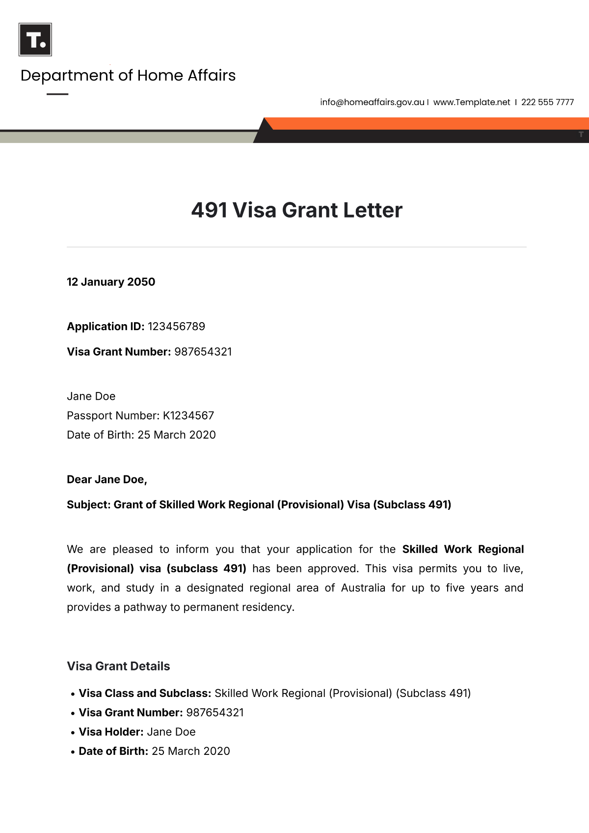 491 Visa Grant Letter Template - Edit Online & Download