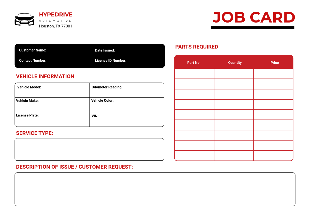 Automotive Job Card