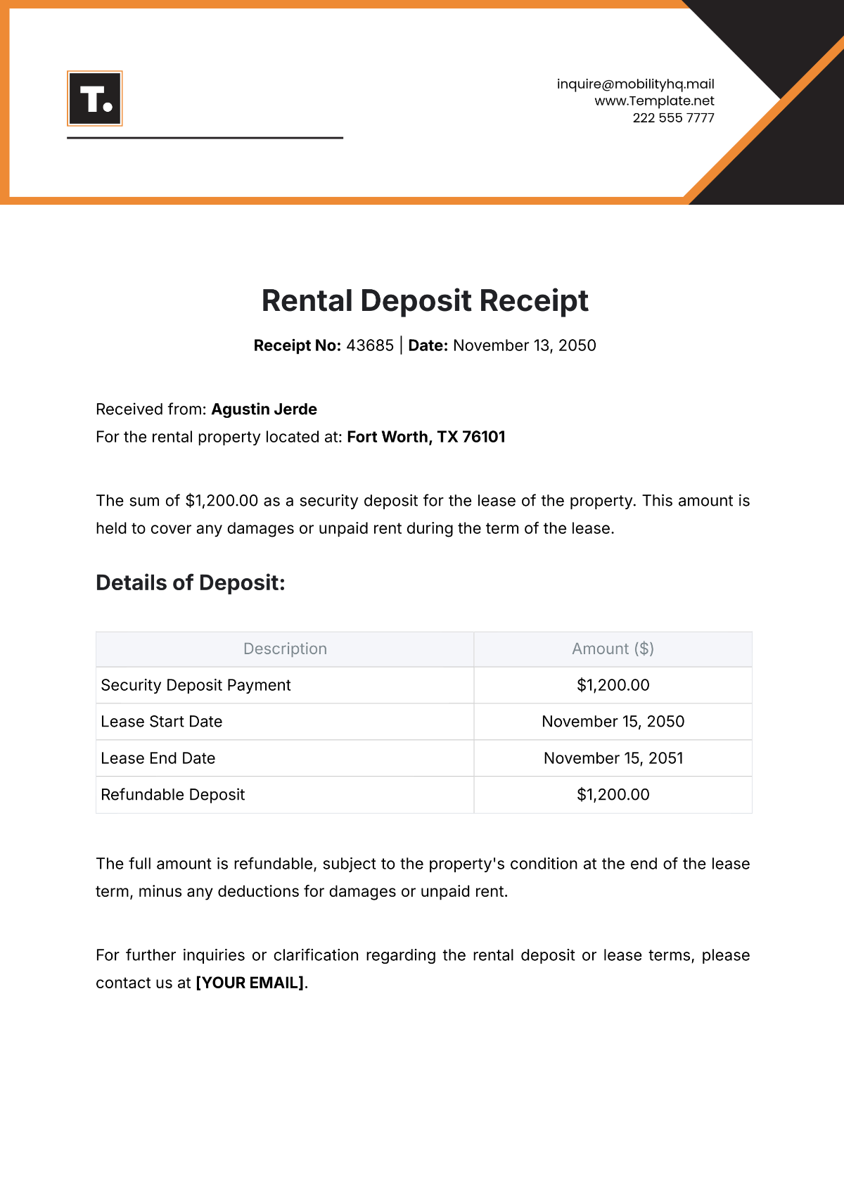 Rental Deposit Receipt Template - Edit Online & Download