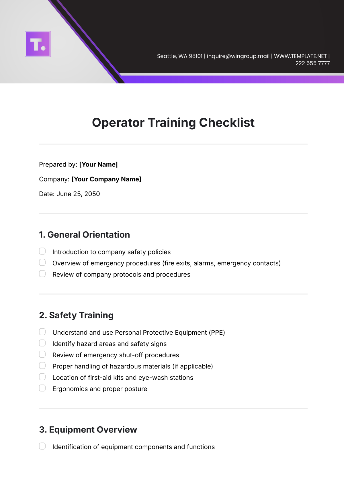 Operator Training Checklist Template - Edit Online & Download