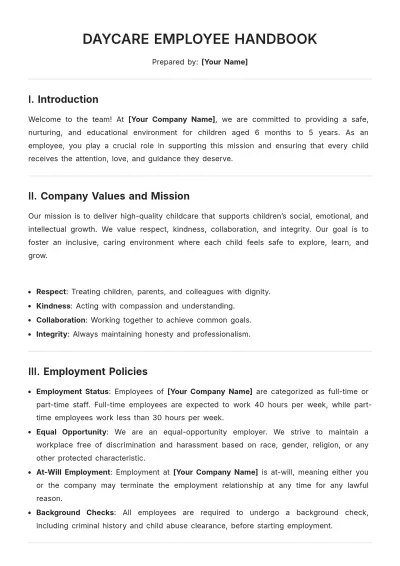 Free Daycare Employee Handbook Template to Edit Online | Template.net to Edit Online
