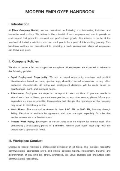 Free Modern Employee Handbook Template to Edit Online | Template.net to Edit Online