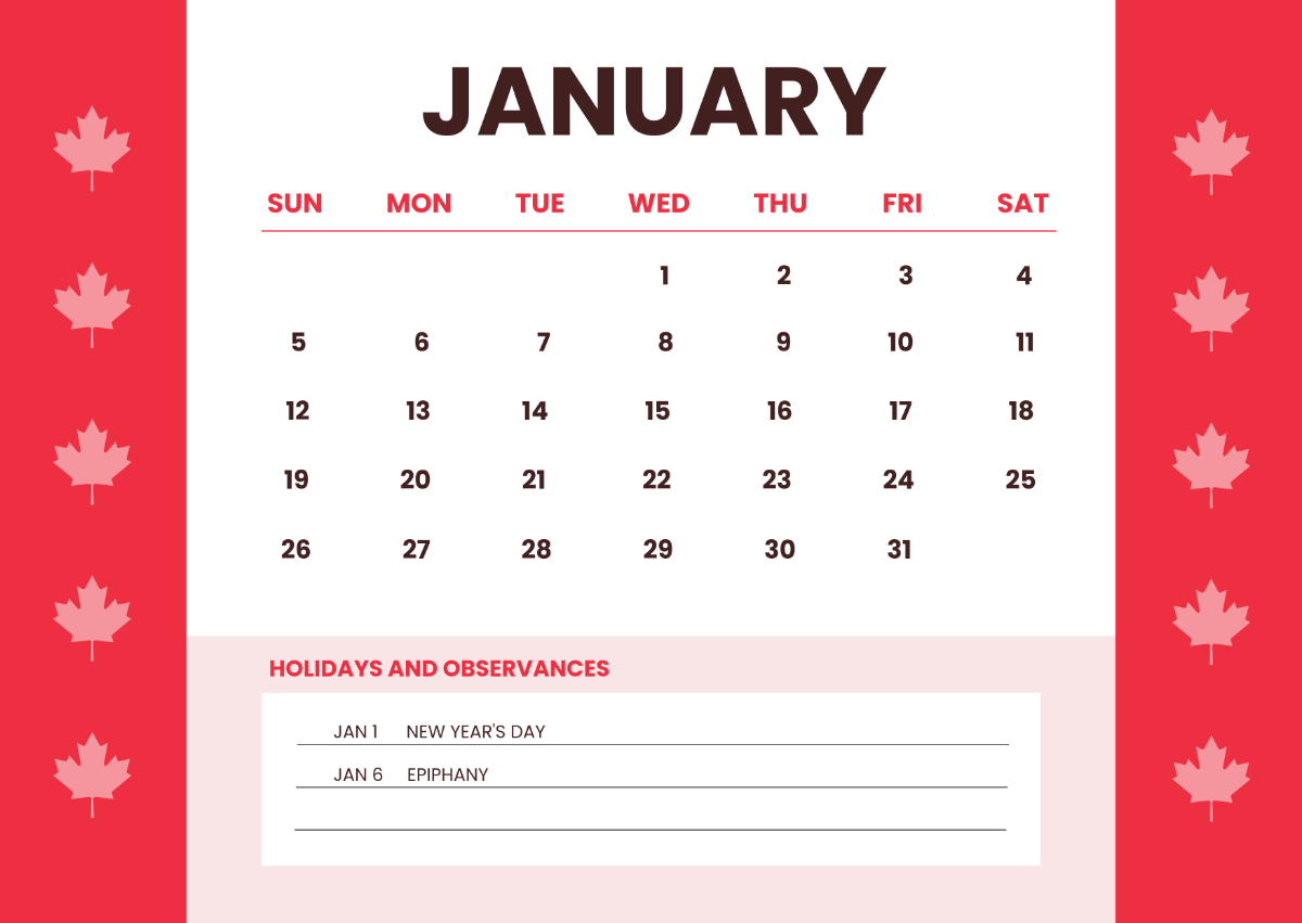 Free 2025 Canada Calendar with Holidays Template