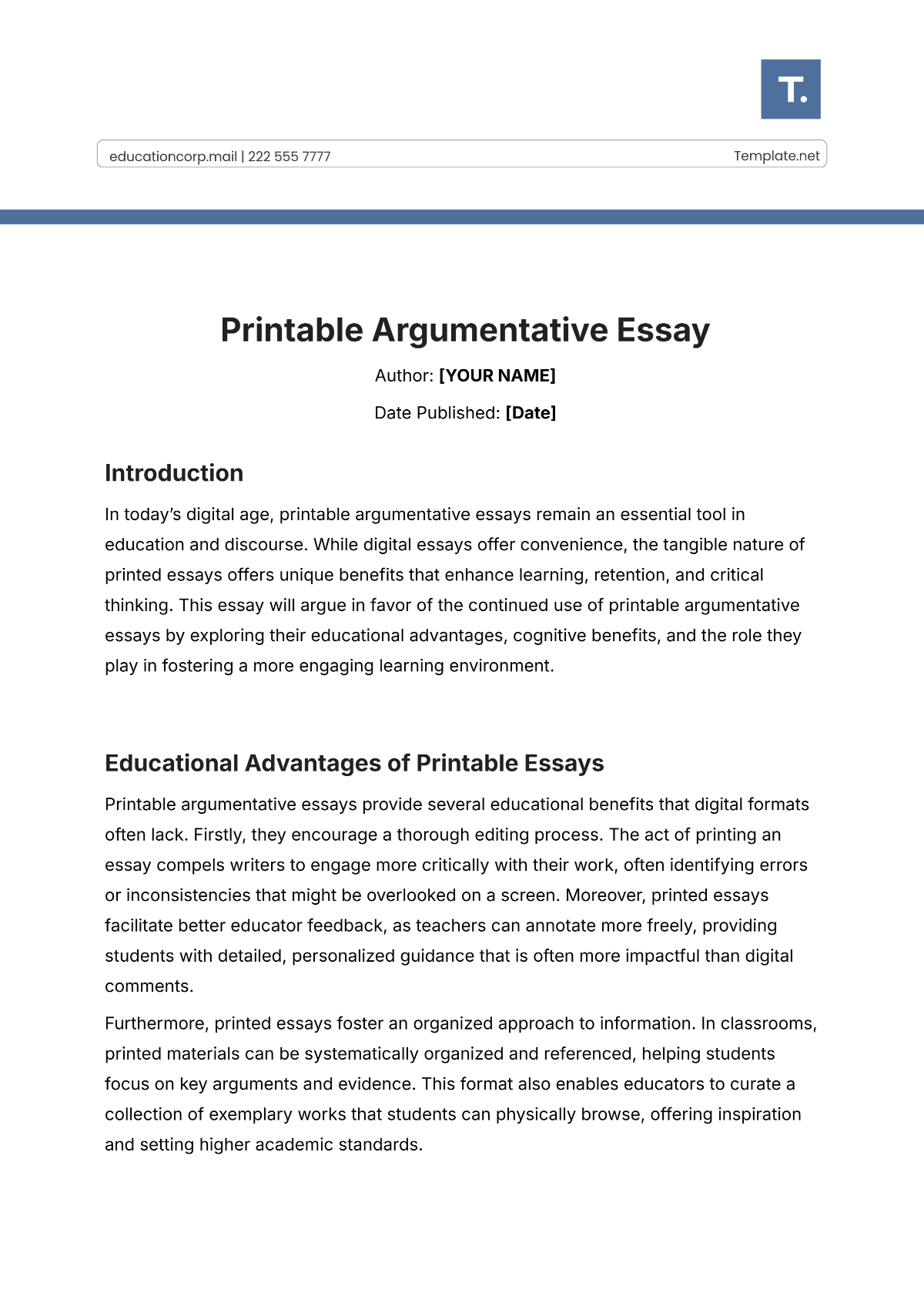 Printable Argumentative Essay Template - Edit Online & Download