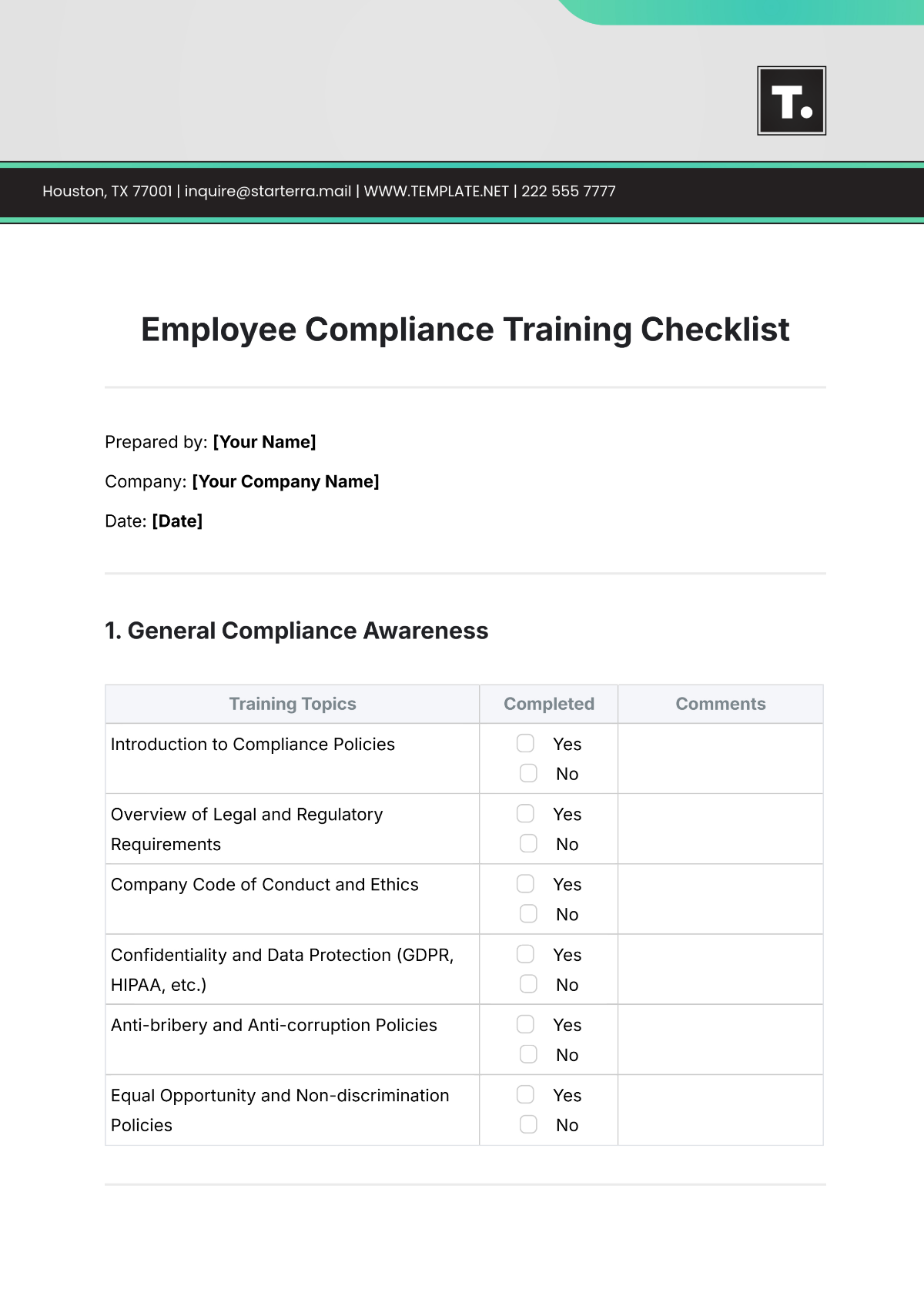 Employee Compliance Training Checklist Template - Edit Online & Download