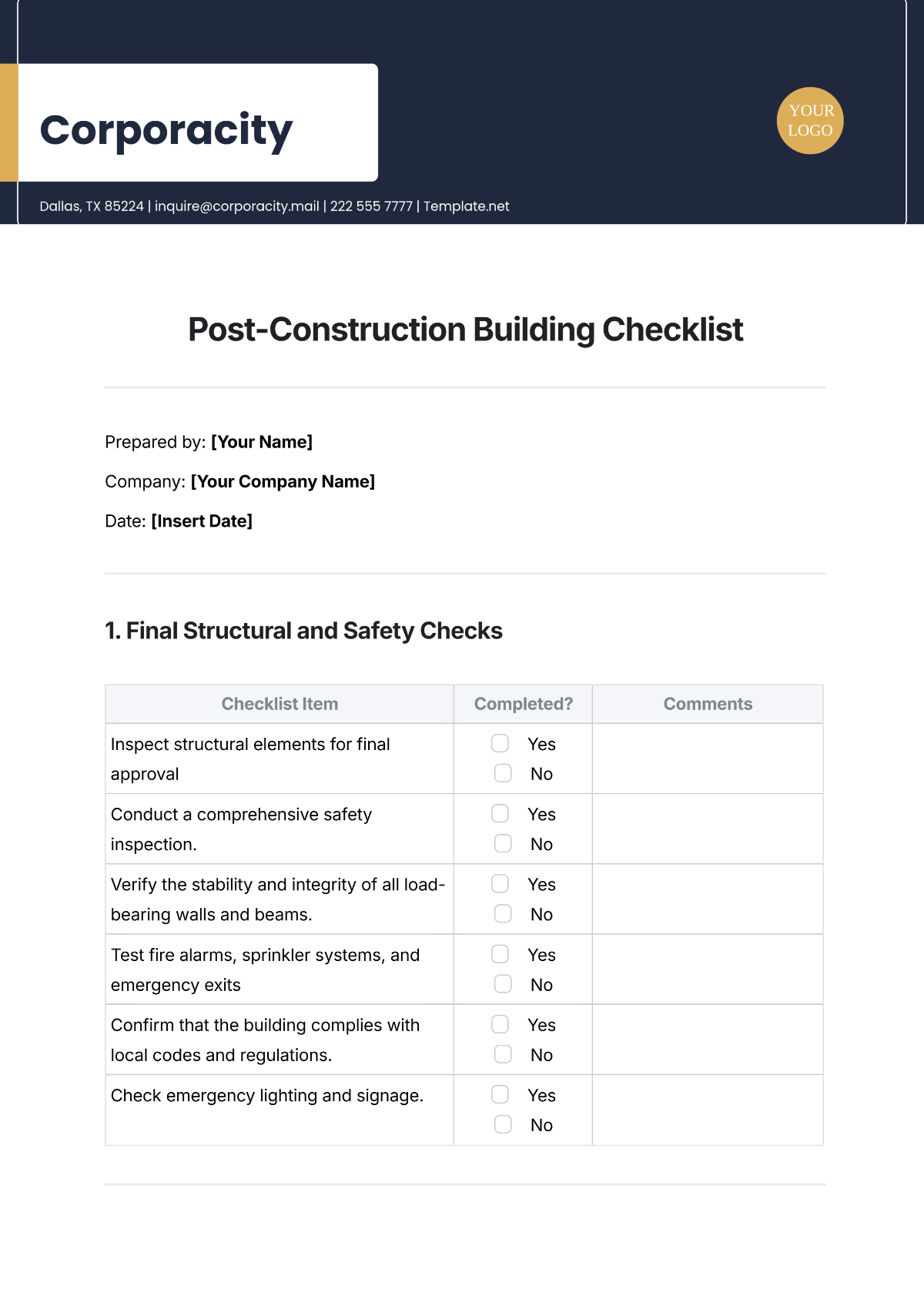 Post-Construction Building Checklist Template - Edit Online & Download