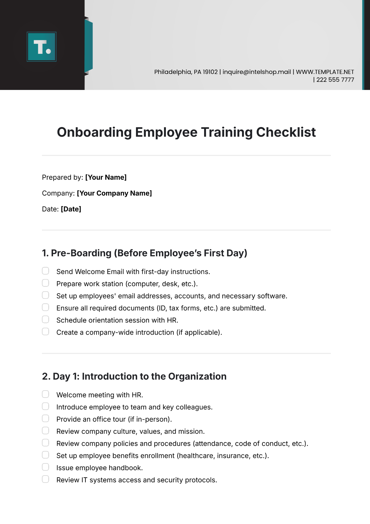 Onboarding Employee Training Checklist Template - Edit Online & Download