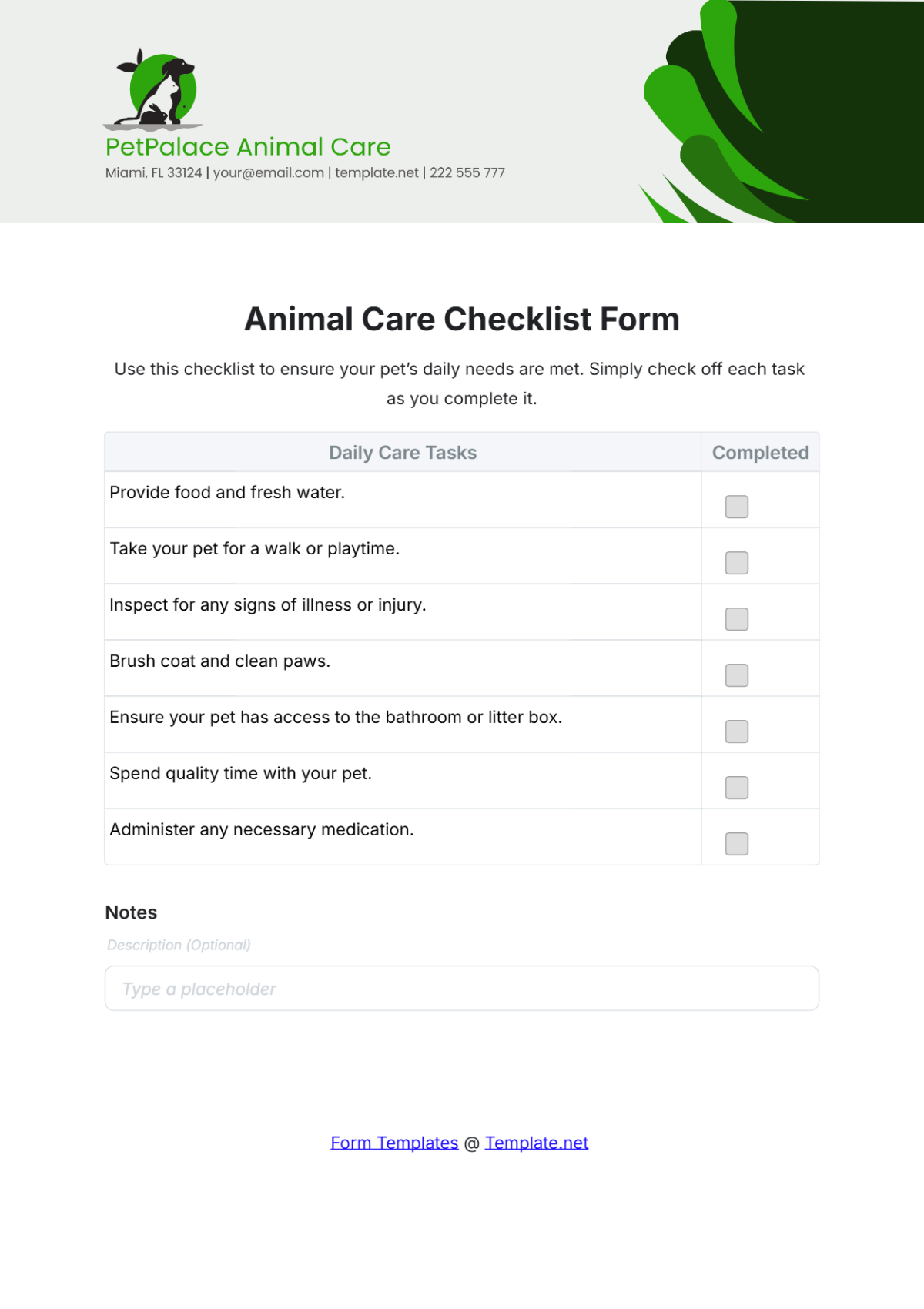 Animal Care Checklist Form Template - Edit Online & Download