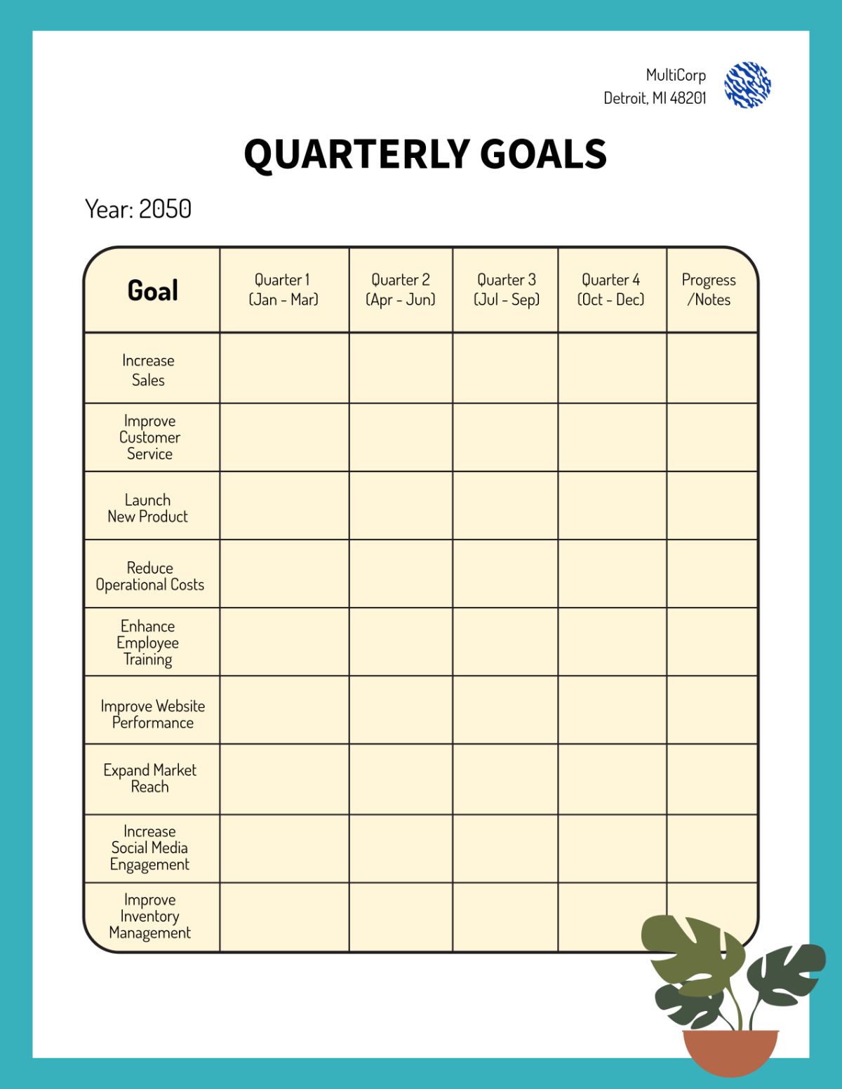 Blank Quarterly Goals Template